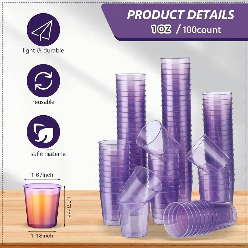 Tioncy 100 Pcs Neon Plastic Shot Glasses 1 oz disposable shot glasses colored Mini Party Drinking Cups for Cocktail Whiskey Wine Birthday Christmas New Year Party(Purple) - Image 2